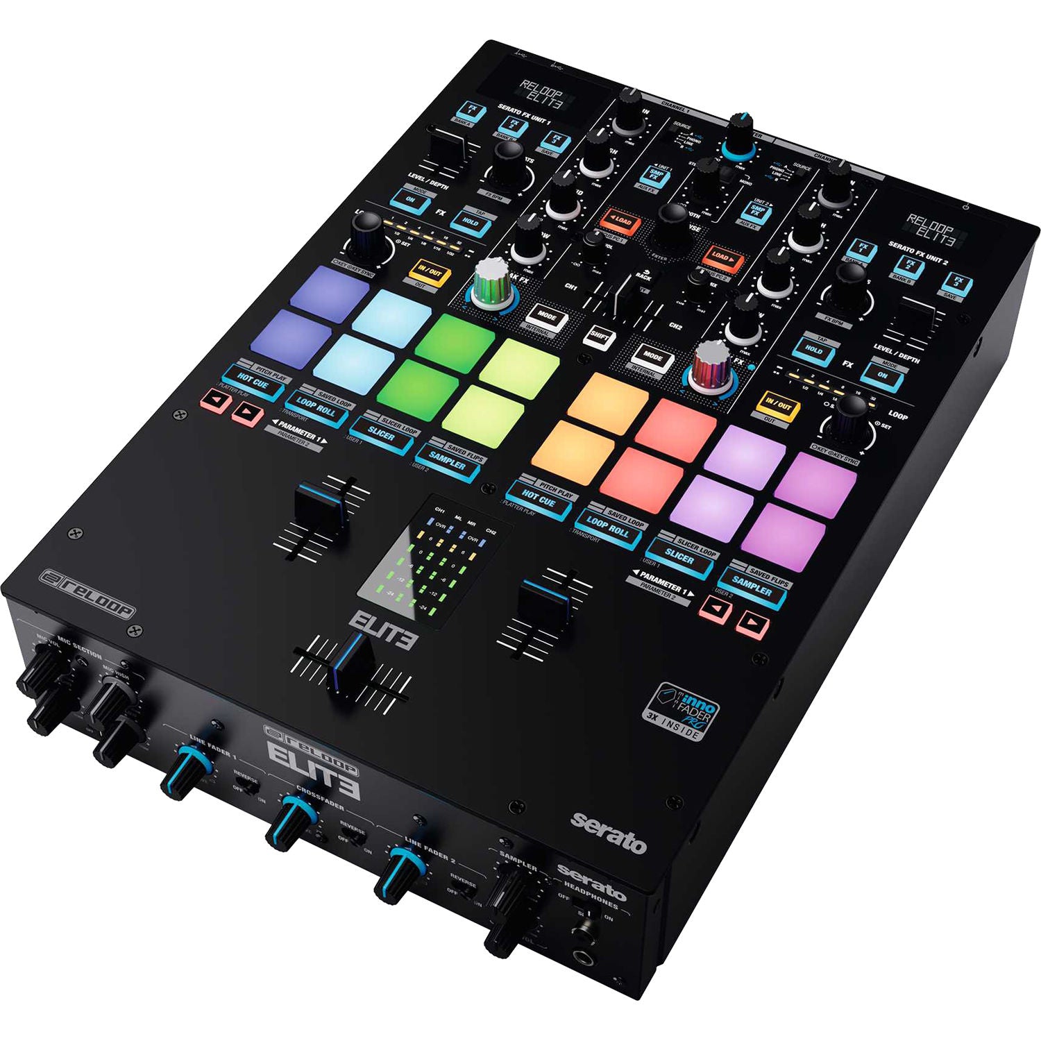 Reloop ELITE DJ mixer with multiple channels, control knobs, and display screens for professional DJ setups.