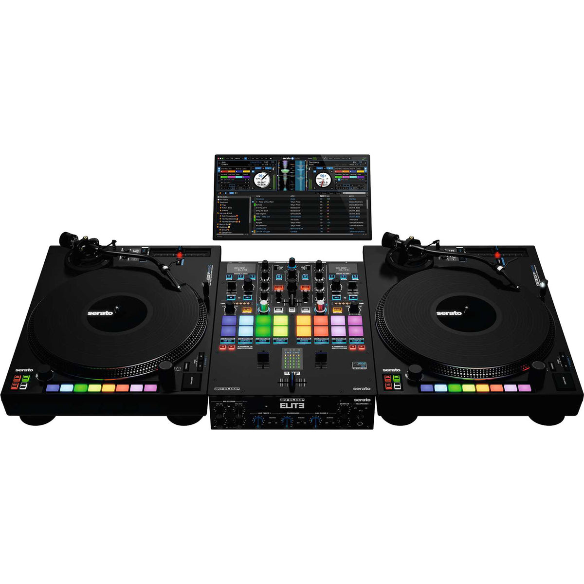 Reloop ELITE DJ mixer with dual turntable inputs, professional controls, and digital interface for seamless music mixing.