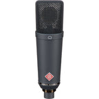 Neumann TLM 193 condenser microphone with a sleek black design on a stand, ready for professional studio recording.