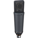 Neumann TLM 193 condenser microphone on a stand, showcasing its sleek design and professional studio recording equipment.