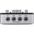 Samson QH4 headphone preamps with four channels and sleek design, ideal for studio monitoring and headphone distribution.