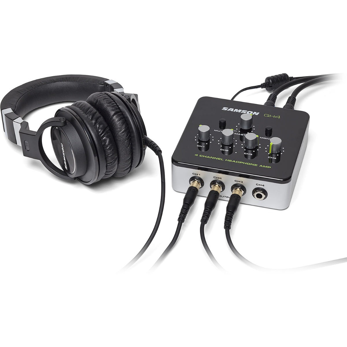 Samson QH4 headphone preamps with four output channels and sleek design for clear audio monitoring.