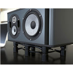 IsoAcoustics Aperta300 studio monitor stands with sleek black design and adjustable height for optimal audio positioning.