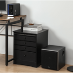 Edifier T5 powered subwoofer with sleek black design, featuring control knobs and port for enhanced bass performance