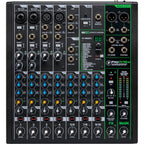 Mackie ProFX10v3 analog mixer with multiple input channels and built-in effects, displayed from an angled perspective.