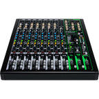 Mackie ProFX12v3 analog mixer with multiple input channels, knobs, and equalizer controls for audio mixing.