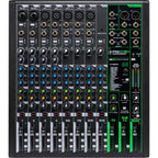 Mackie ProFX12v3 analog mixer with multiple channels, knobs, and input/output jacks for professional audio mixing.