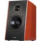 Edifier R2000DB active bookshelf speakers with wooden finish and control knobs, designed for high-quality audio.