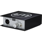 Warm Audio WA-DI-P DI box with input and output jacks, compact design, black metal casing, ideal for audio signal direct injection.