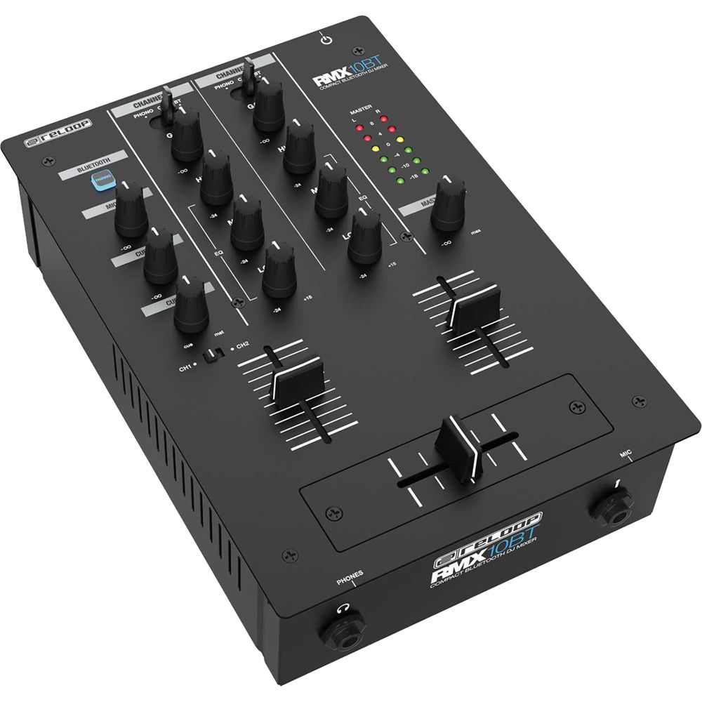 Reloop RMX-10 BT DJ mixer with multiple knobs and faders, professional audio equipment for DJing and mixing music.