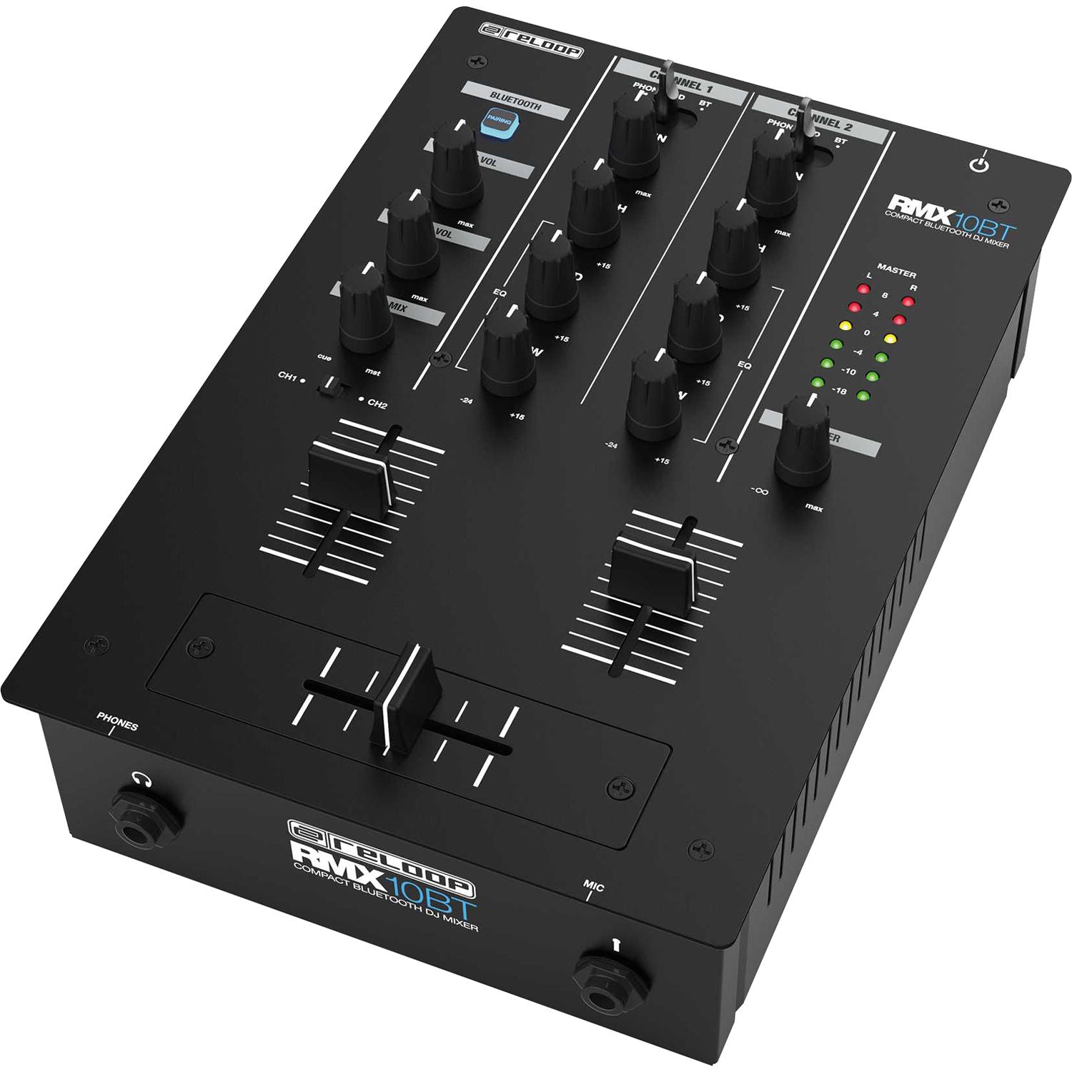 Reloop RMX-10 BT DJ mixer with multiple knobs, faders, and Bluetooth connectivity for professional music mixing.