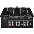 Reloop RMX-10 BT DJ mixer with multiple knobs and faders, professional audio interface, and Bluetooth connectivity.
