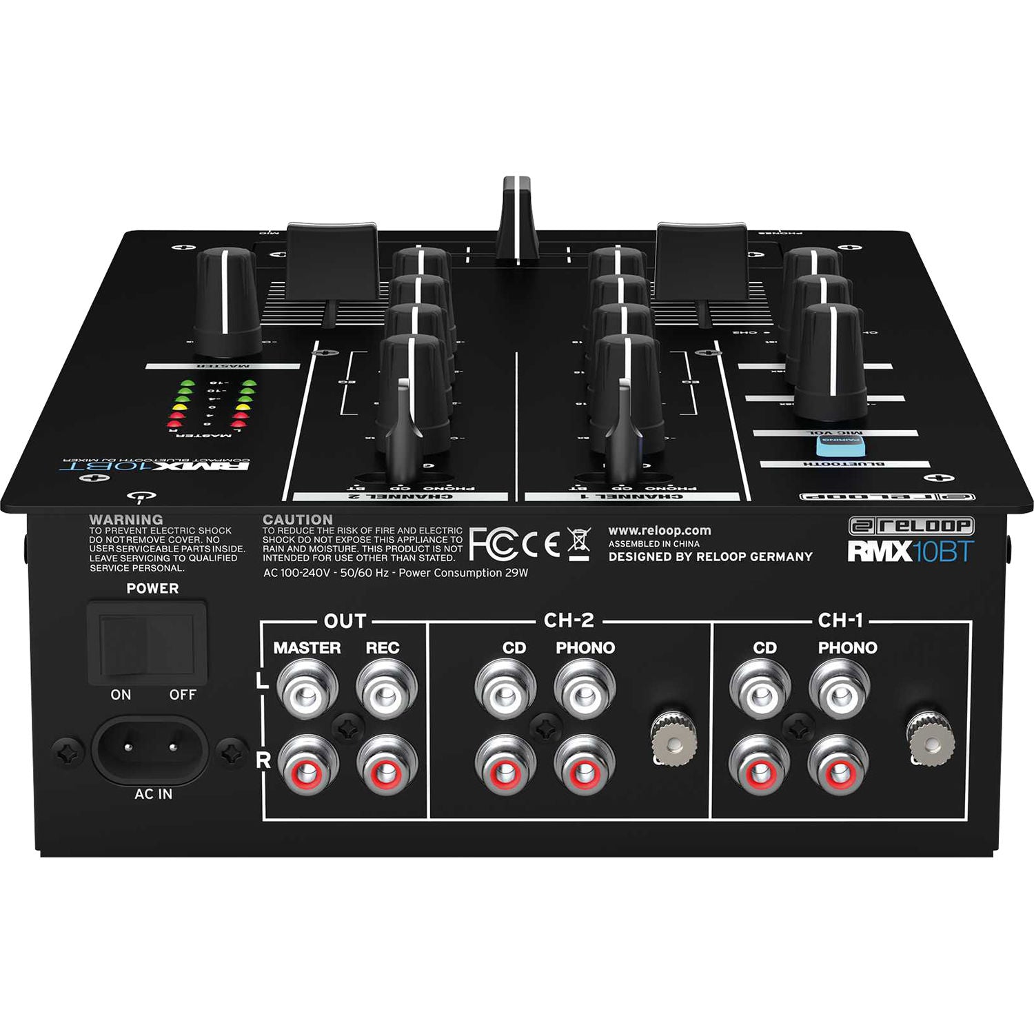 Reloop RMX-10 BT DJ mixer with multiple knobs and faders, professional audio interface, and Bluetooth connectivity.