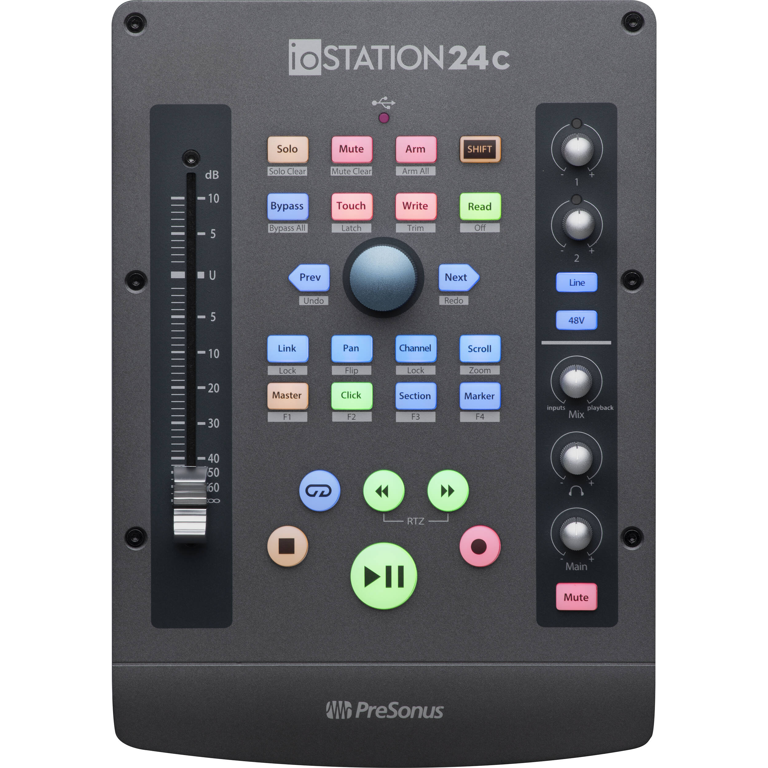 Presonus iOStation 24c DAW controller with multiple knobs, faders, and audio interface inputs for music production.