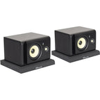 Gator Studio Monitor Isolation Pads on studio monitor stands, designed to reduce vibration and improve sound clarity.