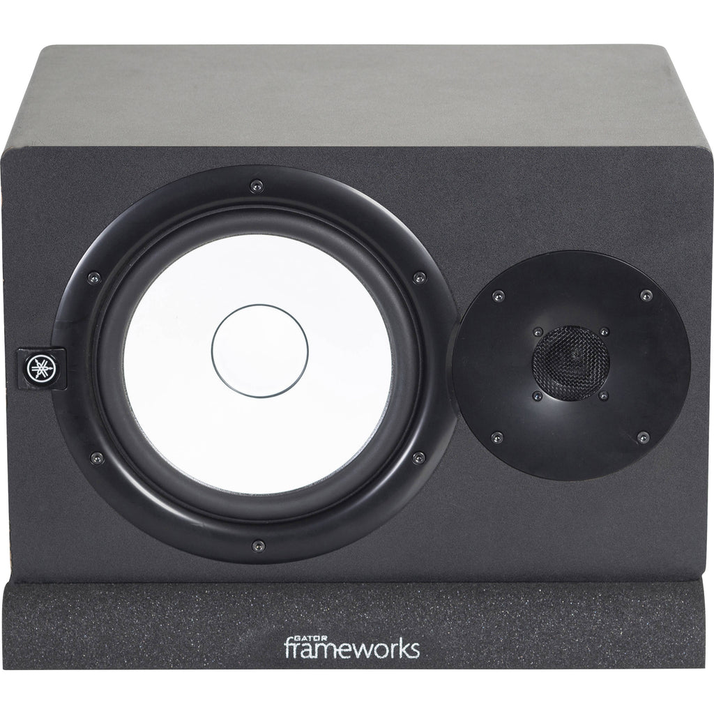 Gator Studio Monitor Isolation Pads placed on studio monitor stands for vibration reduction and sound clarity.