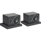 Gator Studio Monitor Isolation Pads on black studio monitor stands for improved sound isolation and stability.