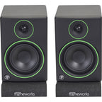 Gator Studio Monitor Isolation Pads placed on studio monitor stands for sound isolation and improved audio clarity.