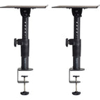 Gator Frameworks clamp-on studio monitor stands with adjustable arms and sturdy construction for professional audio setup.