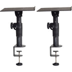 Gator Frameworks clamp-on studio monitor stands with adjustable arms and black finish, designed for professional audio setup.