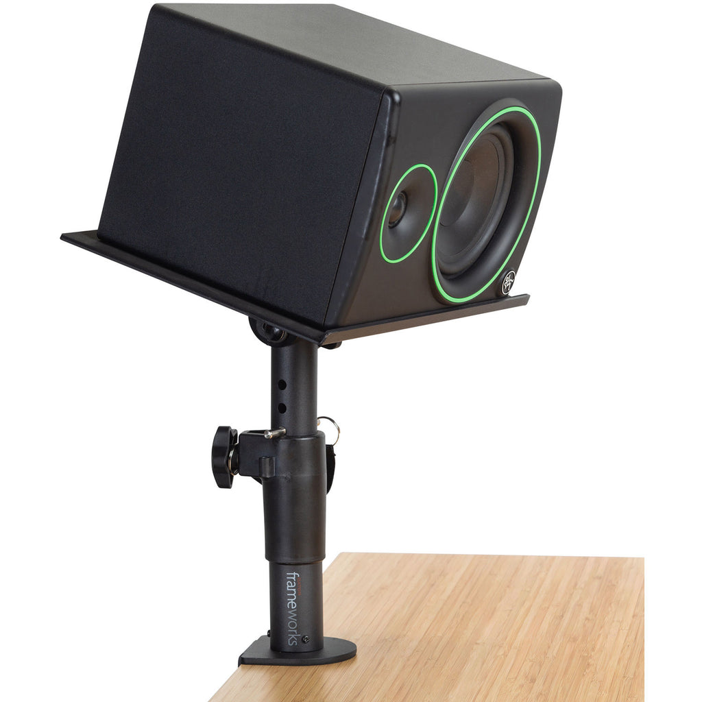 Gator Frameworks clamp-on studio monitor stands with adjustable arms and padded grips for secure speaker positioning.