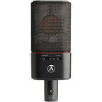 Austrian Audio OC18 condenser studio microphone set with shock mount and pop filter, ideal for professional recording.