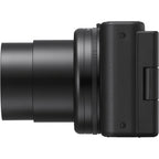 Sony ZV-1 compact video camera with flip-out screen and microphone, ideal for vlogging and high-quality video recording.