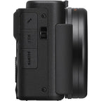 Sony ZV-1 video camera with compact design, lens, and recording controls, ideal for vlogging and high-quality video recording.