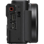 Sony ZV-1 video camera with compact design, front lens and controls visible, ideal for vlogging and high-quality video recording.