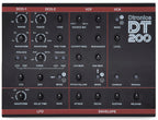Dtronics DT-200 V3 synthesizer with colorful knobs, buttons, and a digital display, showcasing its control panel.