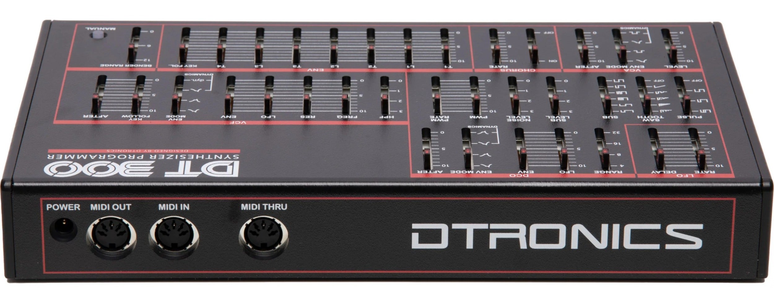 Dtronics DT-300 V2 synthesizer with knobs and keys, showcasing its compact electronic music instrument design.