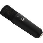 Warm Audio WA-87 R2 condenser microphone shown with metal body and vintage-style grille, ideal for studio recording.