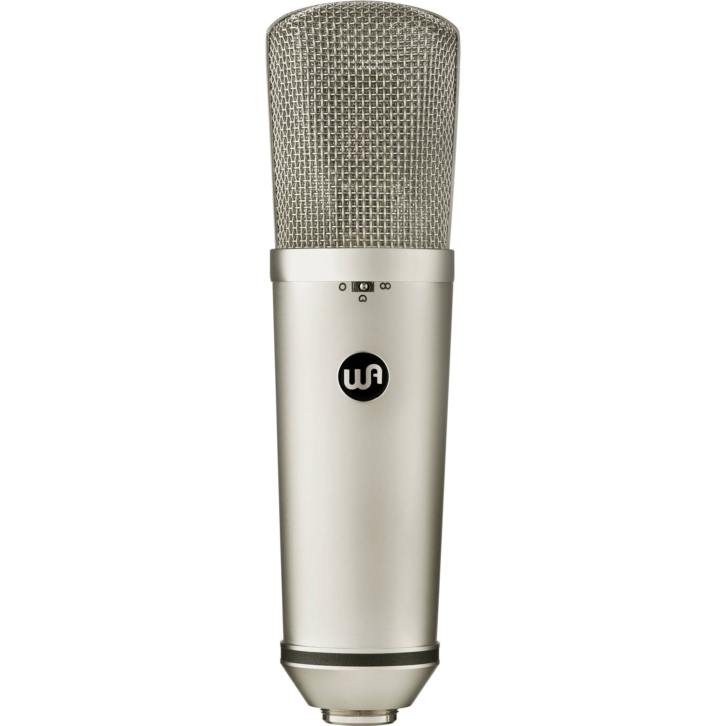Warm Audio WA-87 R2 condenser microphone on a stand, showing its vintage-inspired design and large diaphragm for studio recording.