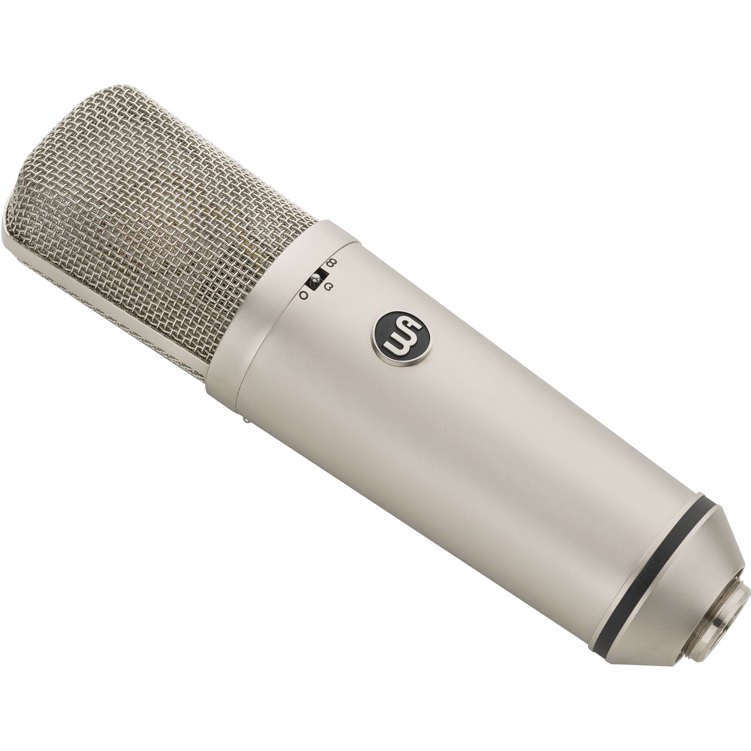 Warm Audio WA-87 R2 condenser microphone shown on a stand with a metal grille and body, ideal for studio recording.