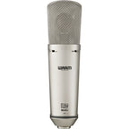 Warm Audio WA-87 R2 condenser microphone shown with metal body and grille, ideal for studio vocals and instrument recording.