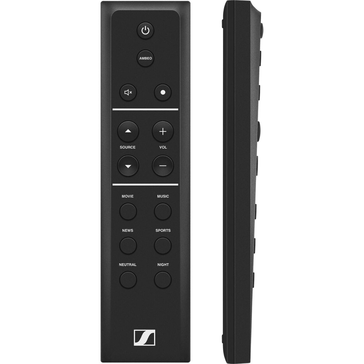 Sennheiser Ambeo Soundbar Max displaying sleek black design with multiple speaker grilles and control buttons on top.