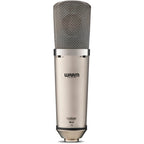 Warm Audio WA-67 condenser microphone displayed on a stand, showcasing its vintage-inspired design and professional audio equipment features.