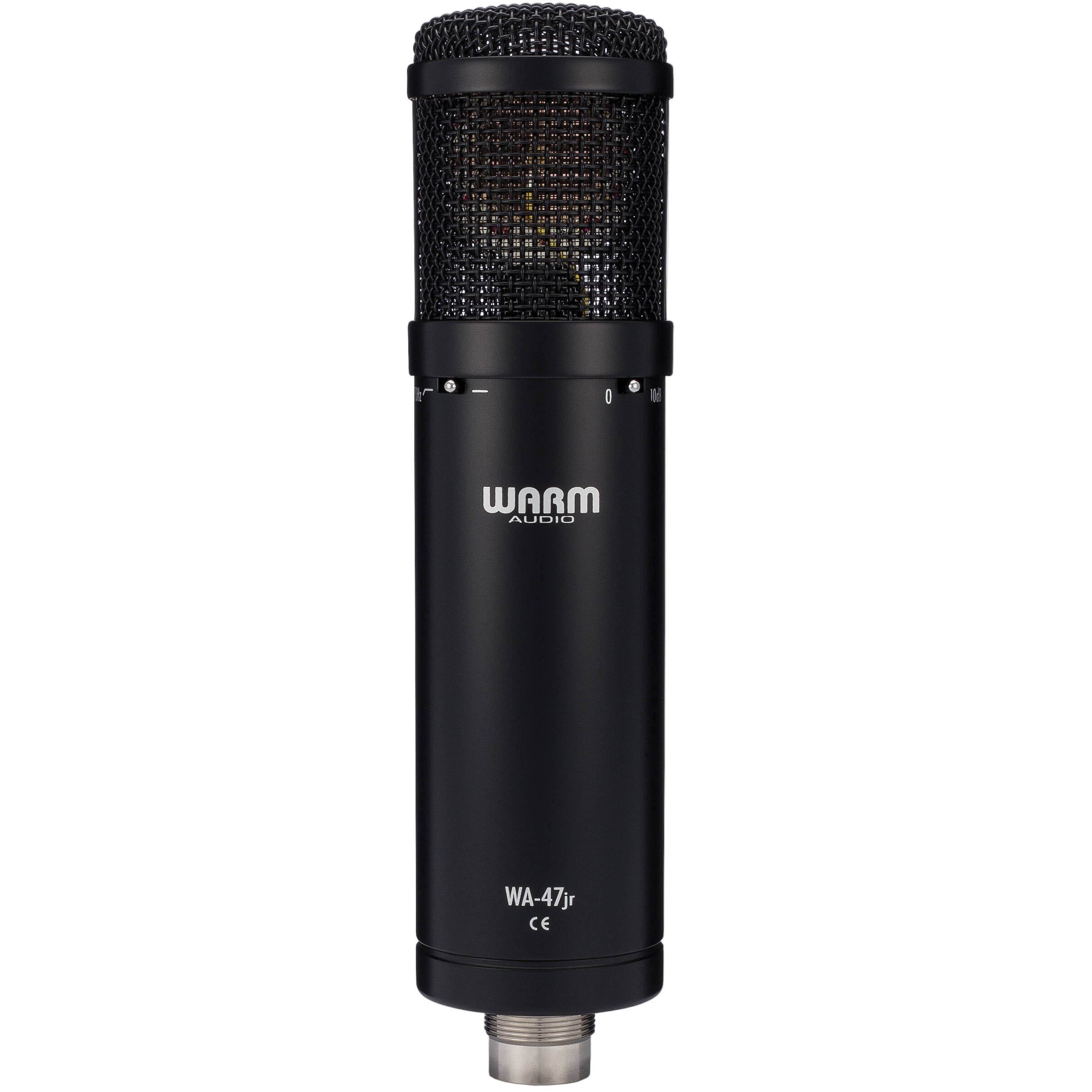 Warm Audio WA-47jr condenser microphone with vintage-style metal body and grille, designed for studio recording.