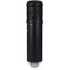Warm Audio WA-47jr condenser microphone mounted on a stand, featuring vintage-style design and gold-colored grille.
