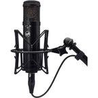 Warm Audio WA-47jr condenser microphone on stand, compact professional studio microphone for vocals and instruments.