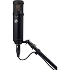 Warm Audio WA-47jr condenser microphone shown with vintage-style design and silver finish, ideal for professional recording.