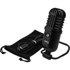 Reloop sPodcaster Go USB microphone with built-in stand and control knobs for podcasting and streaming.