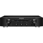 Marantz PM6007 stereo amplifier with black metal case, control knobs, and input ports on front panel.