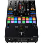 Pioneer DJM-S11 DJ mixer with dual screens and intuitive controls, set on a sleek black surface.