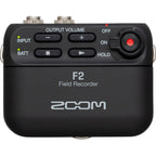 Zoom F2 digital recorder with compact design and multiple control buttons, used for high-quality audio recording.