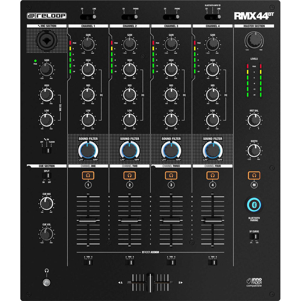 Reloop RMX-44 BT DJ mixer with four channels and Bluetooth connectivity, featuring sturdy knobs and a sleek design.