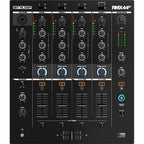 Reloop RMX-44 BT DJ mixer with four channels and Bluetooth connectivity, featuring sturdy knobs and a sleek design.