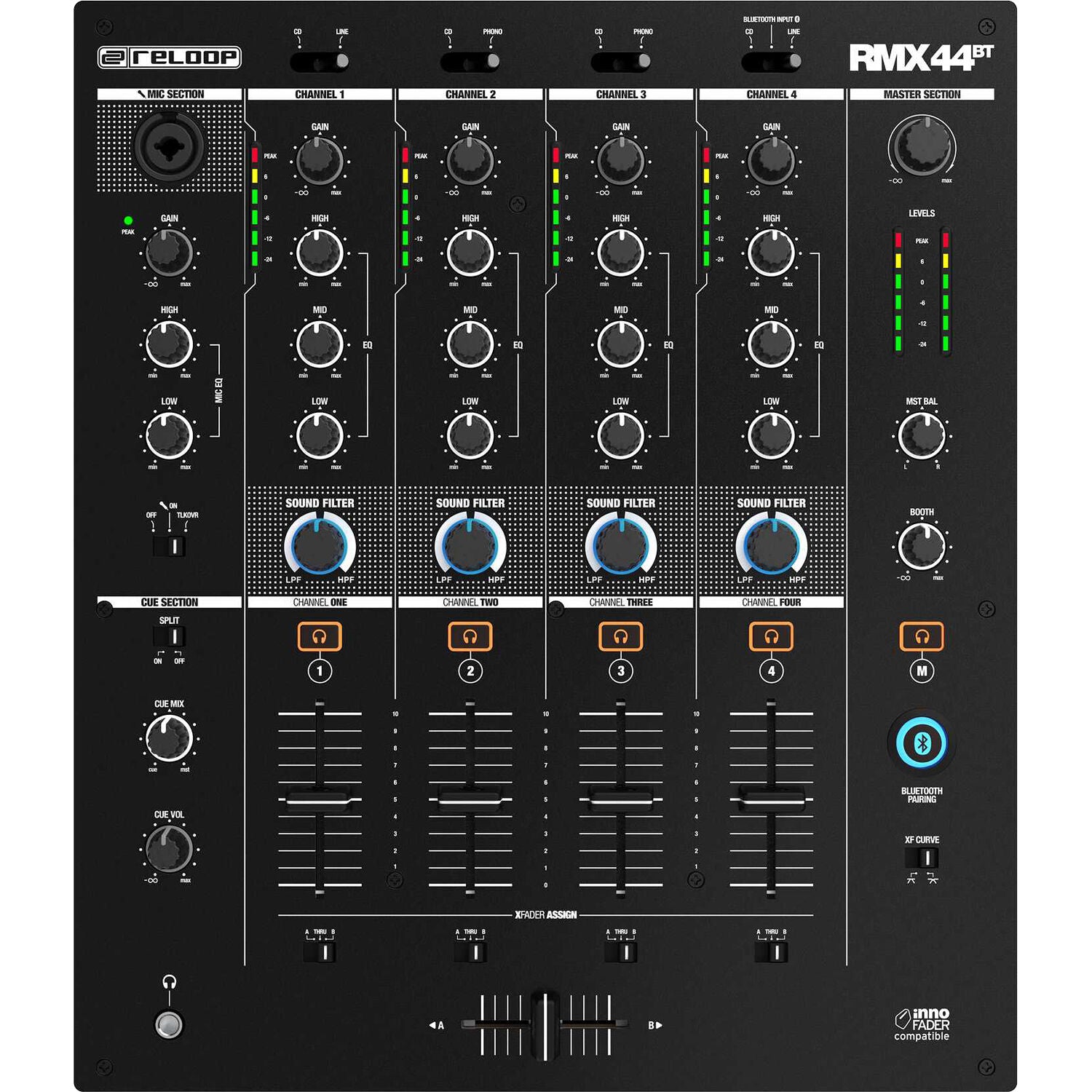 Reloop RMX-44 BT DJ mixer with four channels and Bluetooth connectivity, featuring sturdy knobs and a sleek design.
