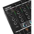 Reloop RMX-44 BT DJ mixer with four channels, USB connectivity, and colorful control knobs on a sleek black design.