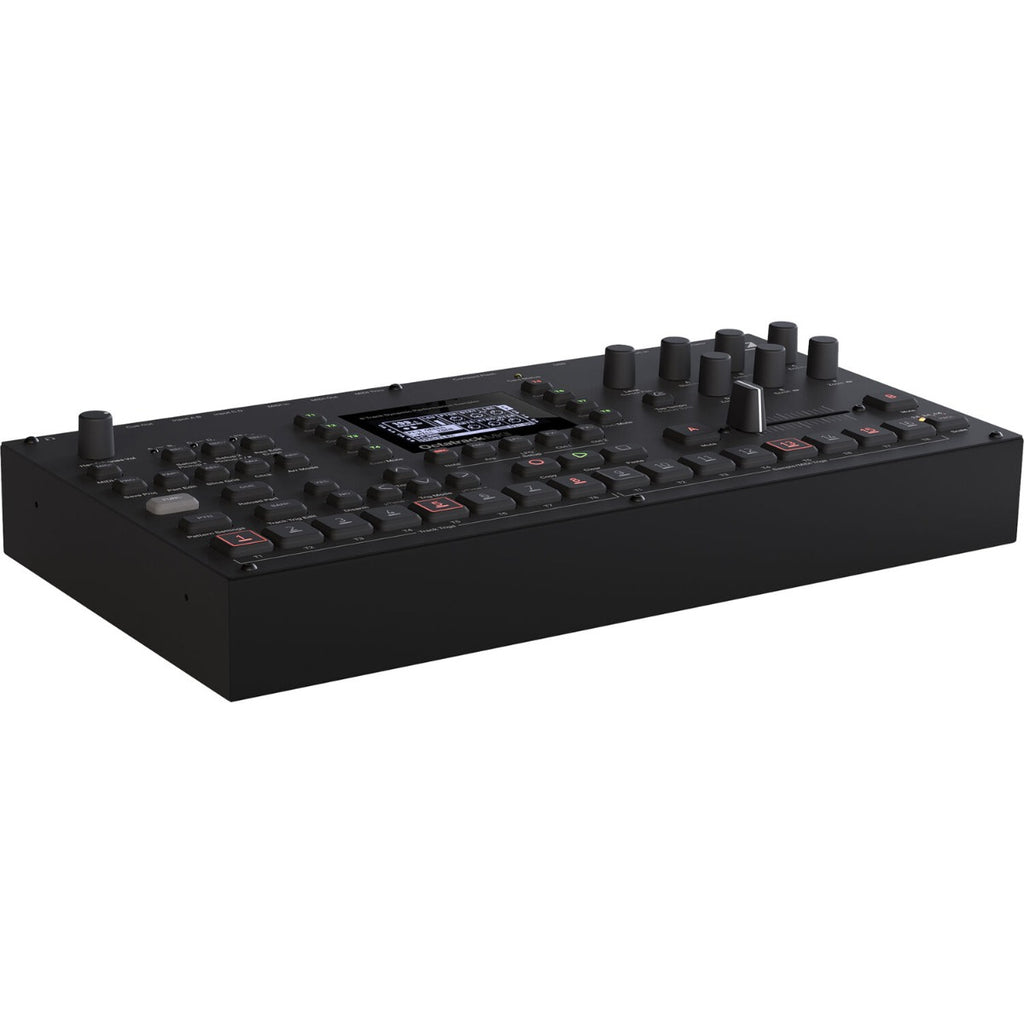 Elektron Octatrack MK2 black drum machine and sampler with multiple control knobs and a large LCD screen.
